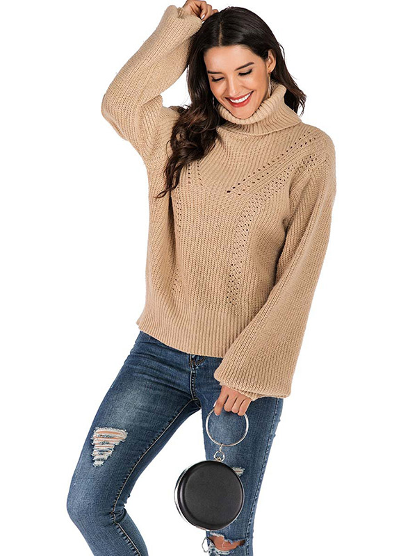 Khaki Loose Casual High Neck Jacquard Sweater