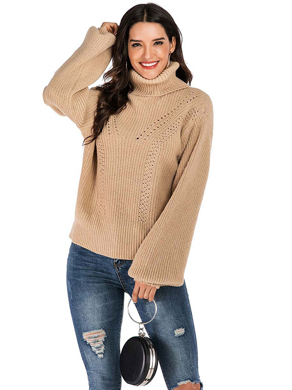 Khaki Loose Casual High Neck Jacquard Sweater