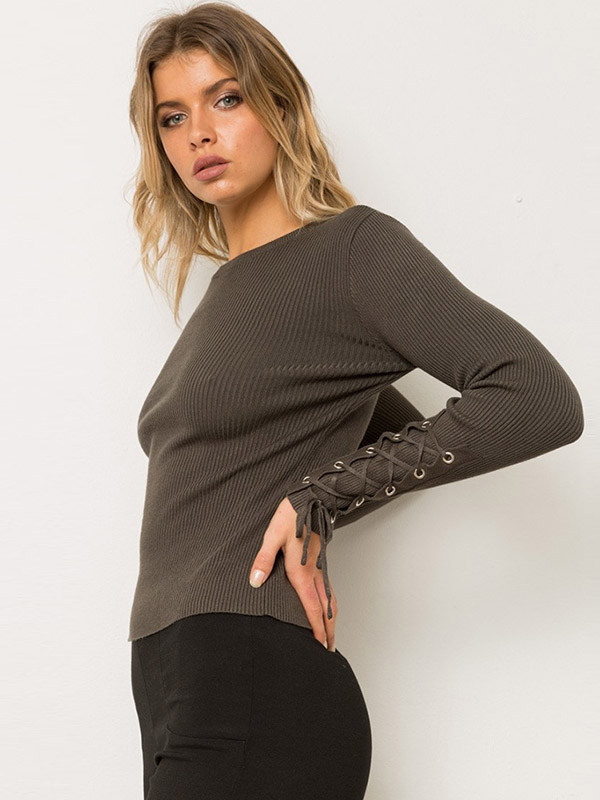 Deep Khaki Crew Neck Fashion Sleeve Side Band Sweater