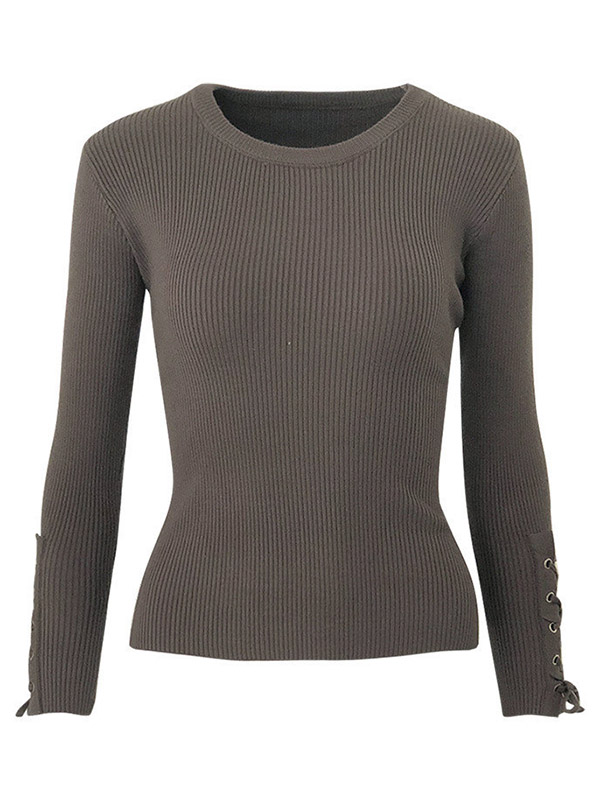 Deep Khaki Crew Neck Fashion Sleeve Side Band Sweater