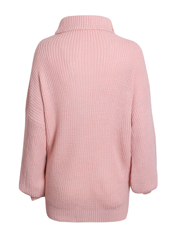 Pink High Collar Long Sleeve Fashionable Knitted Sweater