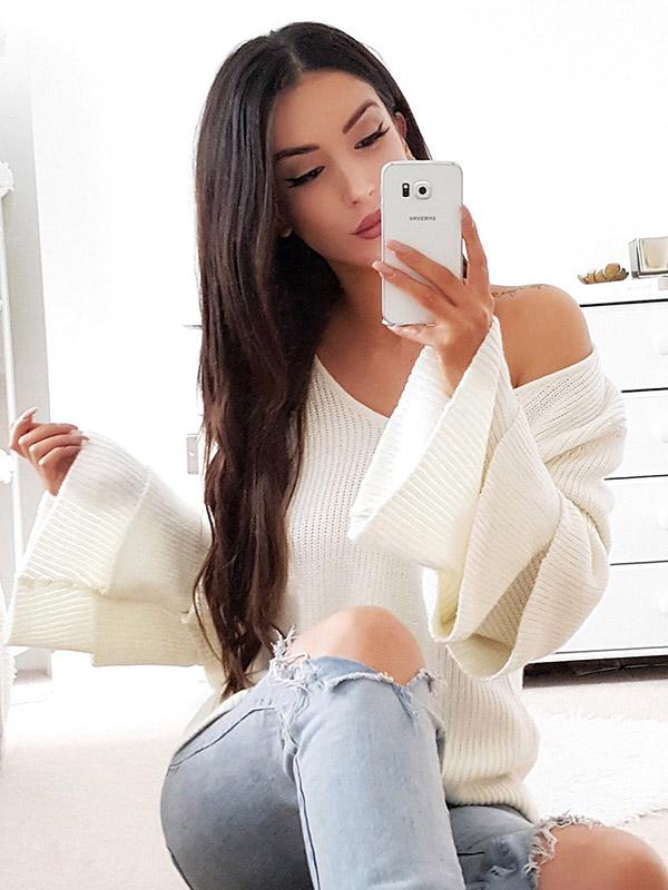 White Loose Ruffle Sleeve V-Neck Sweater