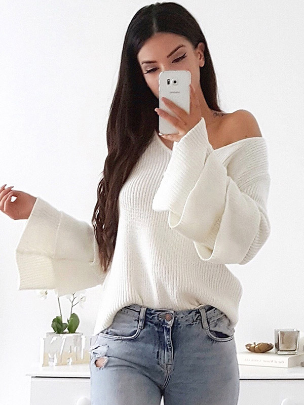 White Loose Ruffle Sleeve V-Neck Sweater