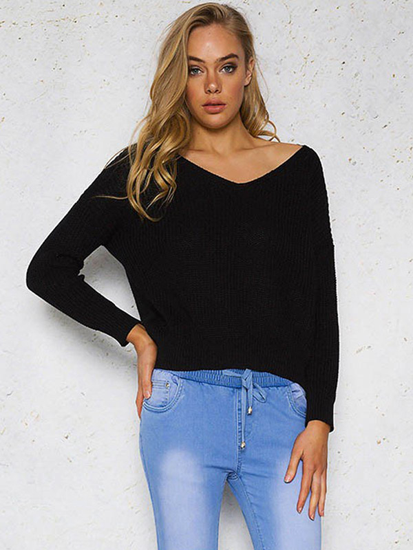 Black V-neck Loose Back Air Eye Bandage Knitted Sweater