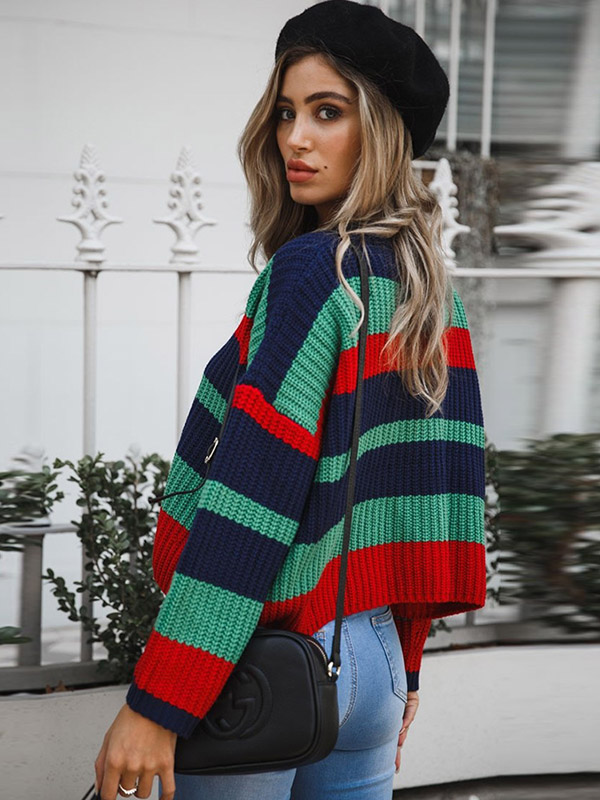 Green Round Neck Fashionable Colorful Stripe Knitted Sweater