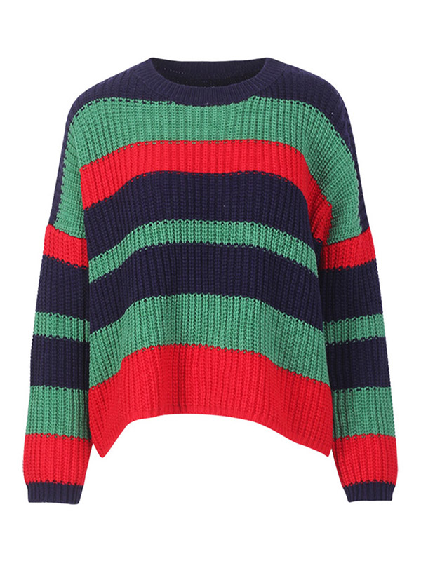 Green Round Neck Fashionable Colorful Stripe Knitted Sweater