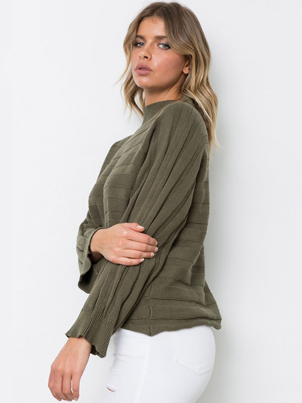 Green Half High Collar Bat Sleeve Knitted Sweater