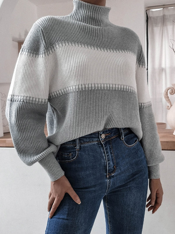 Grey Casual Lantern Sleeve High Neck Knitted Sweater