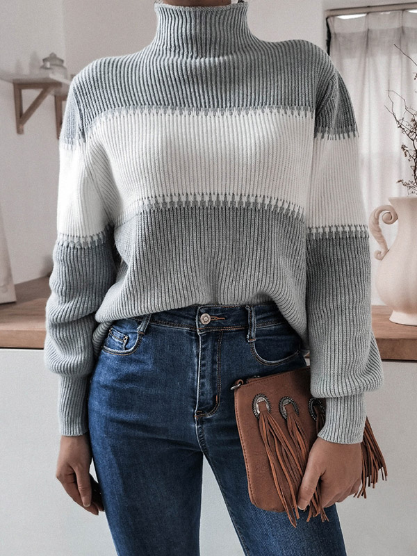 Grey Casual Lantern Sleeve High Neck Knitted Sweater