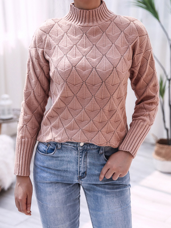 Pink Half High Neck Diamond Knitted Sweater