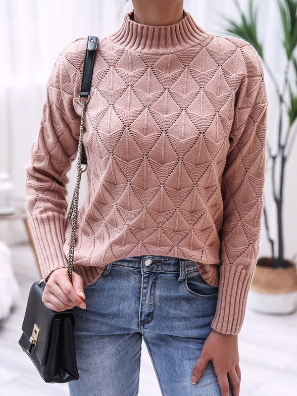 Pink Half High Neck Diamond Knitted Sweater