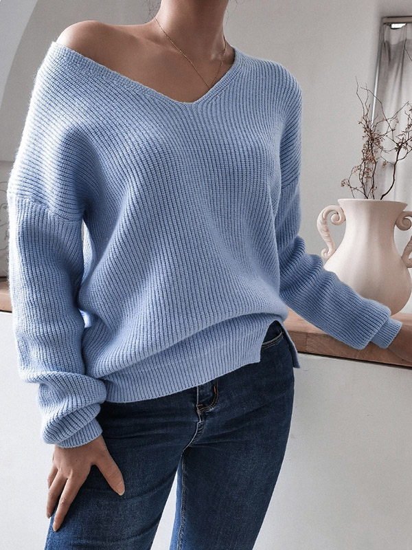 Blue Casual Loose V-Neck Long Sleeve Sweater