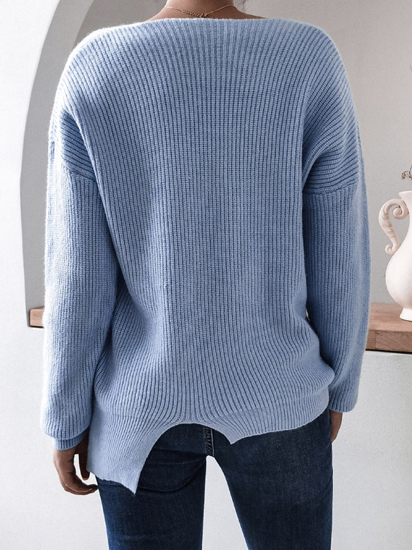 Blue Casual Loose V-Neck Long Sleeve Sweater