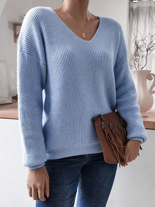 Blue Casual Loose V-Neck Long Sleeve Sweater