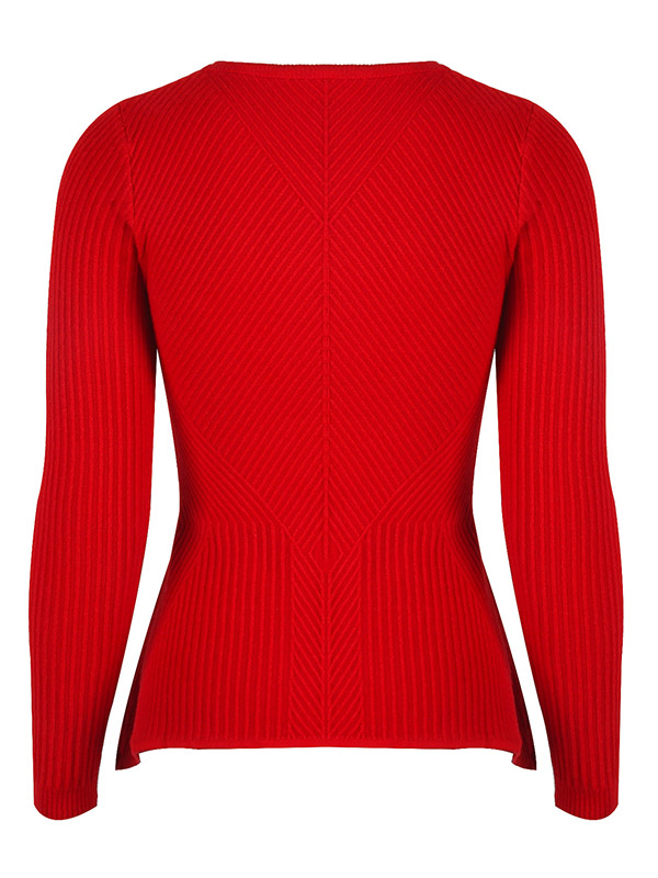 Red Crew Neck Long Sleeve Lotus Leaf Hem Sweater