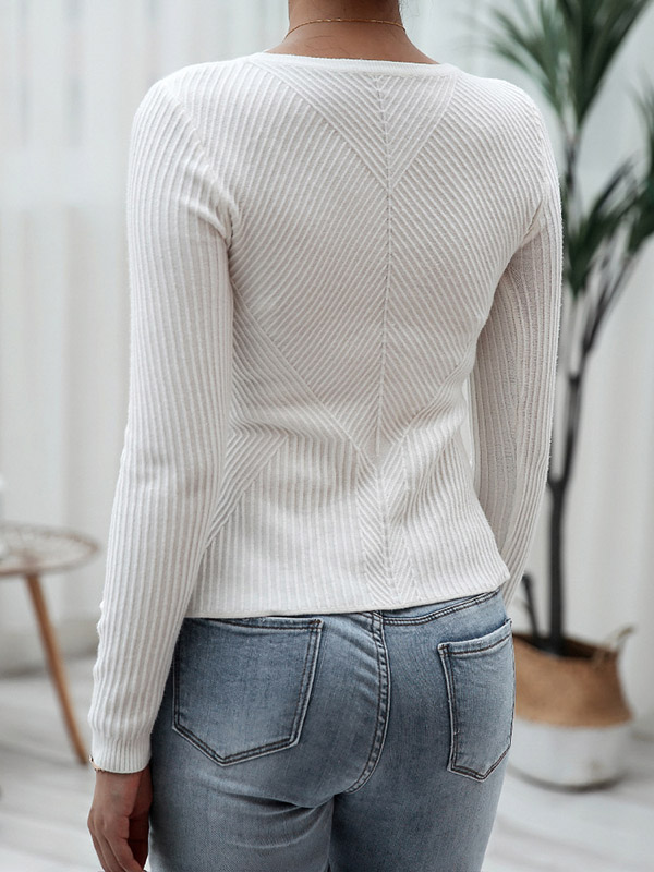 White Crew Neck Long Sleeve Lotus Leaf Hem Sweater