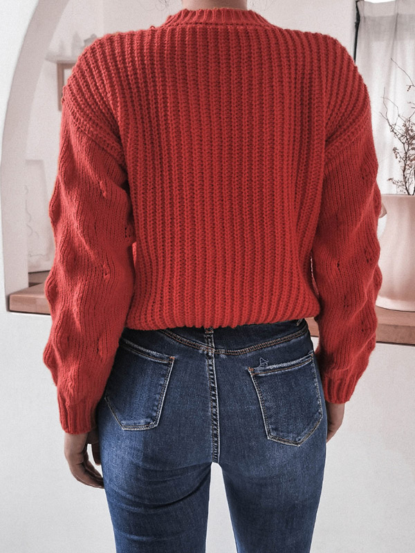 Red Casual Twist Long Sleeve Knitted Sweater