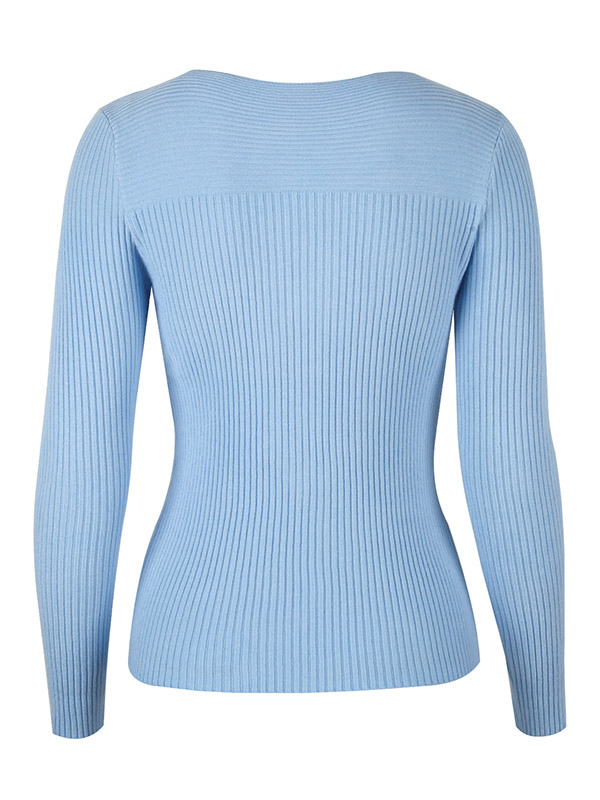 Blue V-Neck Long Sleeve Hollow Knitted Sweater