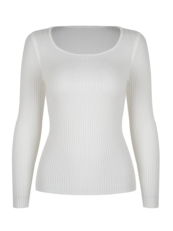 White Long Sleeve Boat Neck Knitted Sweater