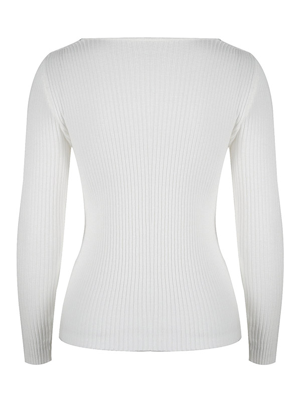 White Long Sleeve Boat Neck Knitted Sweater