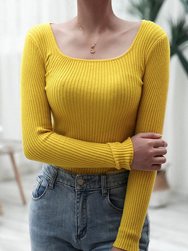 Yellow Long Sleeve Boat Neck Knitted Sweater