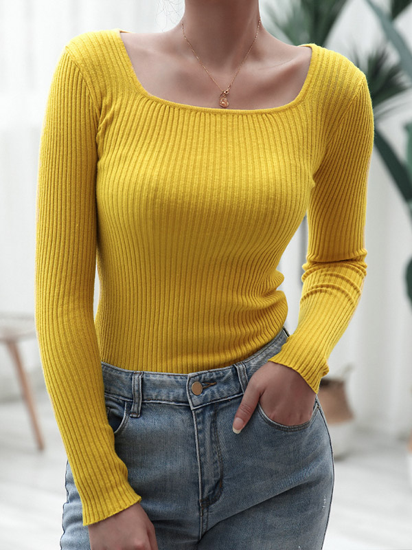 Yellow Long Sleeve Boat Neck Knitted Sweater