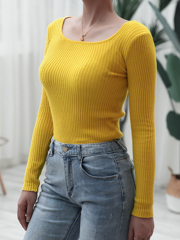 Yellow Long Sleeve Boat Neck Knitted Sweater