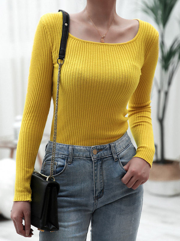 Yellow Long Sleeve Boat Neck Knitted Sweater