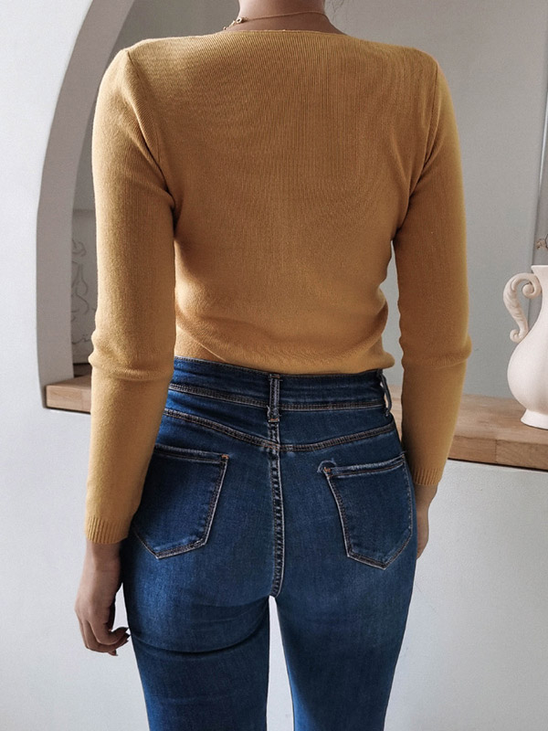 Yellow Pleated V-Neck Long Sleeve Casual Sweater