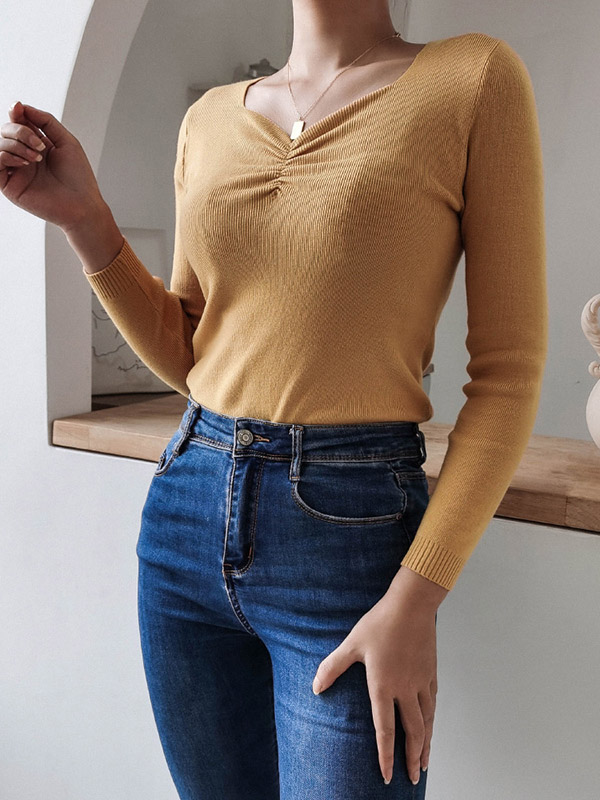 Yellow Pleated V-Neck Long Sleeve Casual Sweater