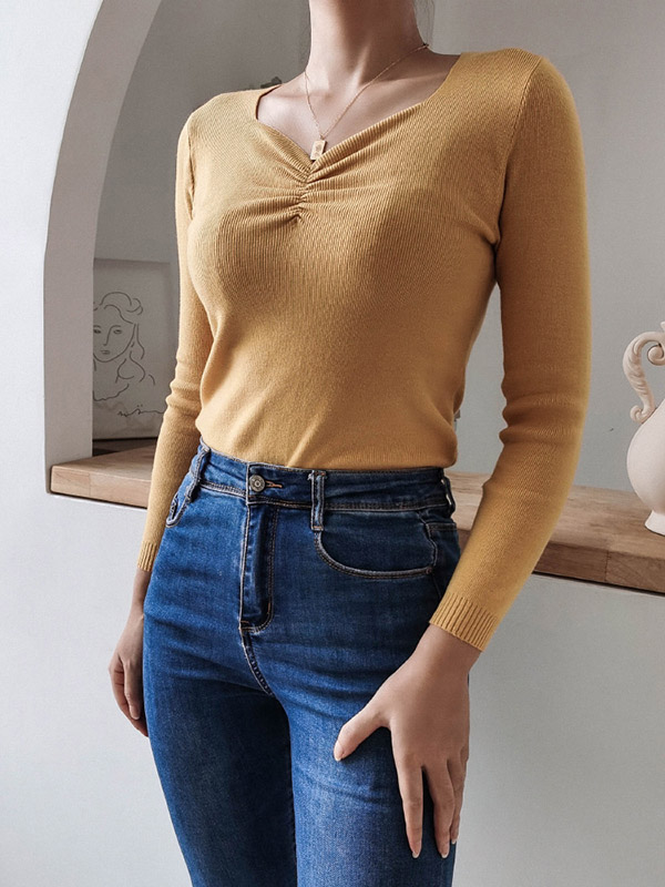 Yellow Pleated V-Neck Long Sleeve Casual Sweater