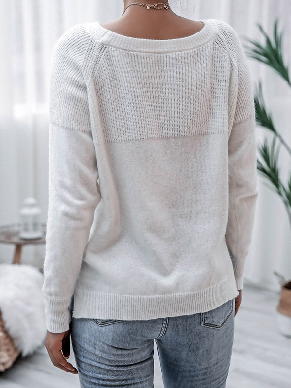 White Long Sleeve Stitching Casual Loose Knitted Sweater