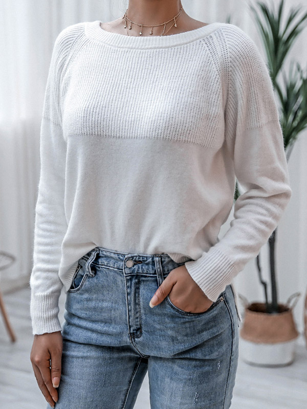 White Long Sleeve Stitching Casual Loose Knitted Sweater