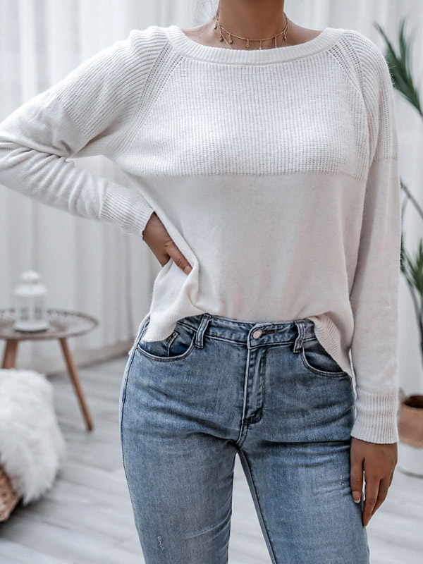 White Long Sleeve Stitching Casual Loose Knitted Sweater