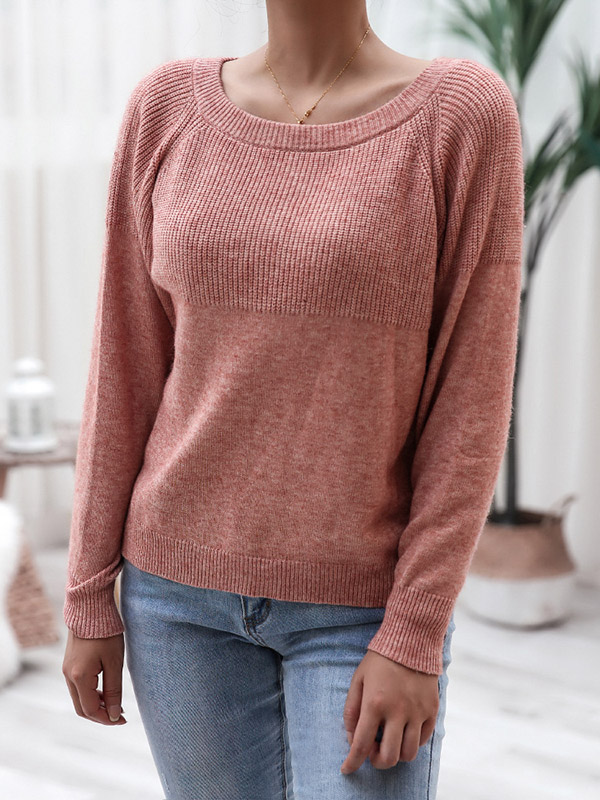 Pink Long Sleeve Stitching Casual Loose Knitted Sweater