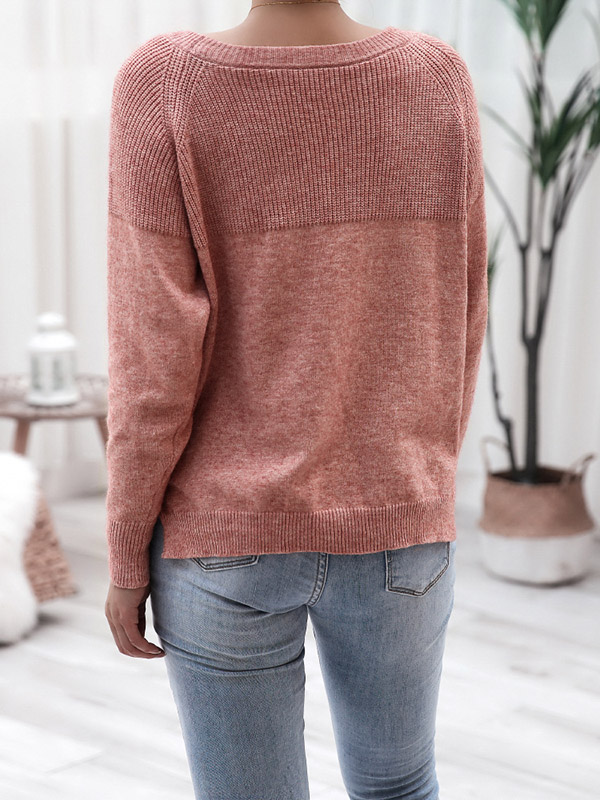 Pink Long Sleeve Stitching Casual Loose Knitted Sweater