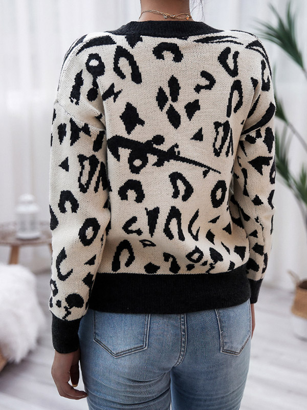 White Casual V-Neck Long Sleeve Leopard Knitted Sweater