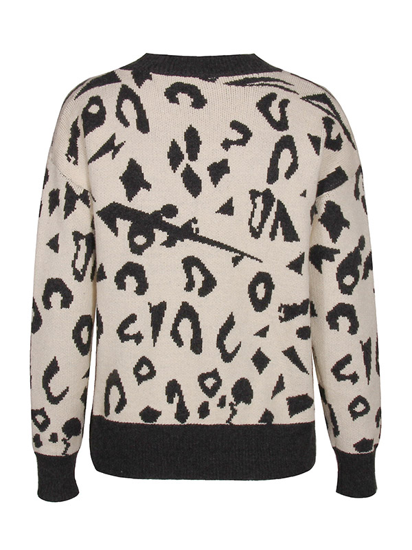 White Casual V-Neck Long Sleeve Leopard Knitted Sweater