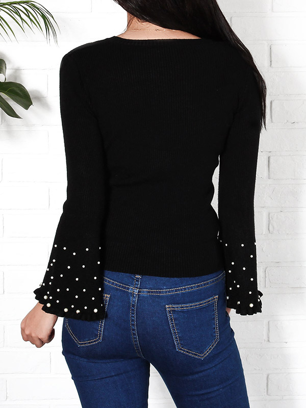 Black Horn Sleeve Nail Bead Knitted Sweater