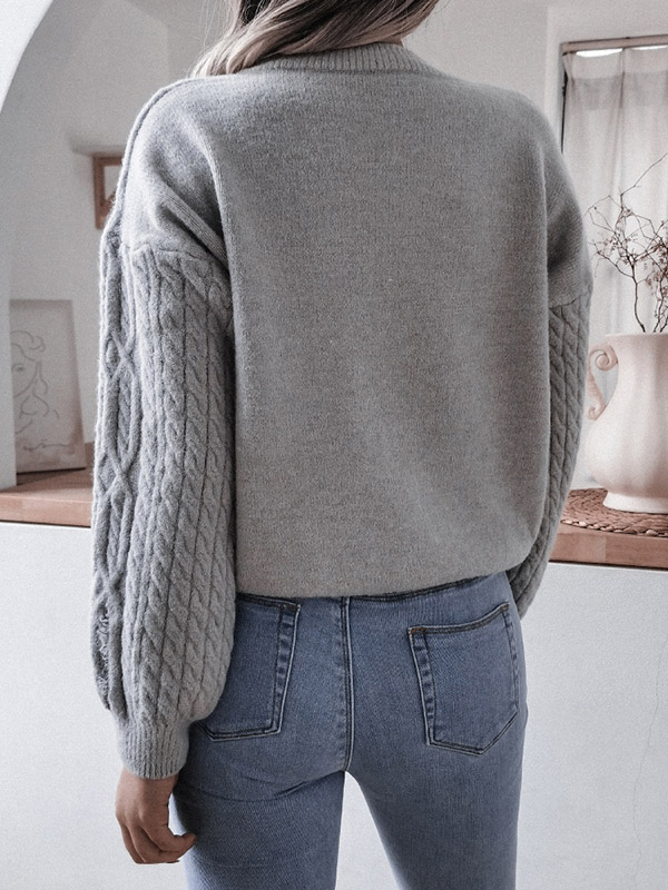 Grey Casual V-neck Jacquard Hollow Out Long Sleeve Sweater