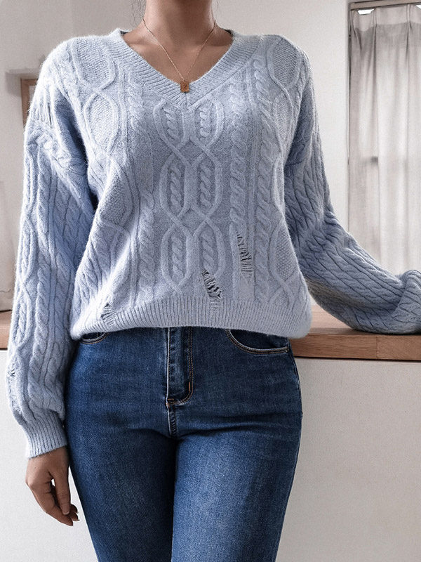 Blue Casual V-neck Jacquard Hollow Out Long Sleeve Sweater