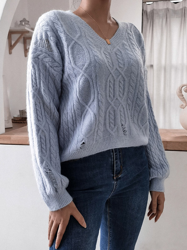 Blue Casual V-neck Jacquard Hollow Out Long Sleeve Sweater