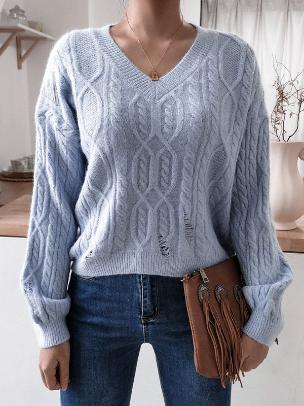 Blue Casual V-neck Jacquard Hollow Out Long Sleeve Sweater