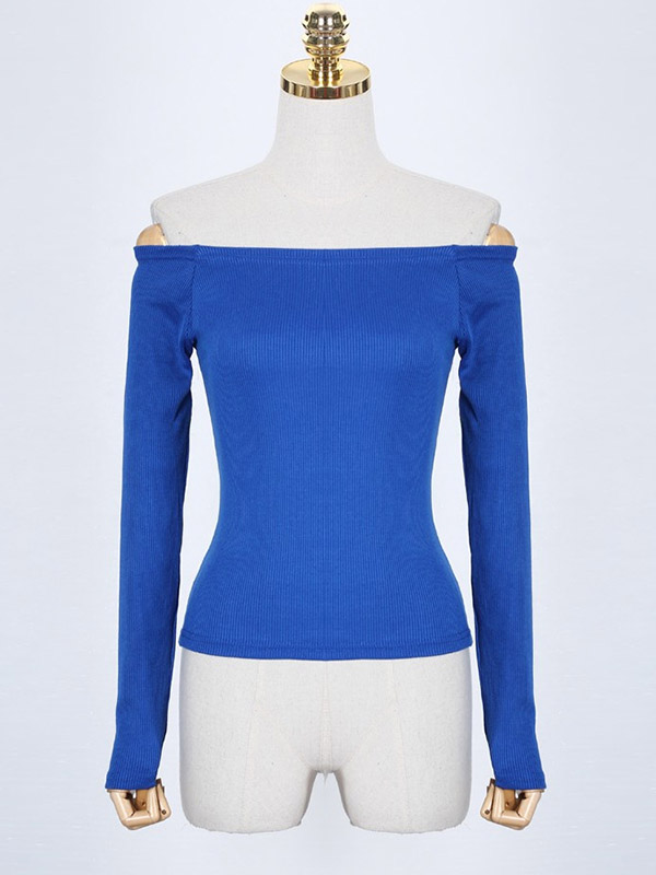 Blue Off Shoulder Long Sleeves Knit Top