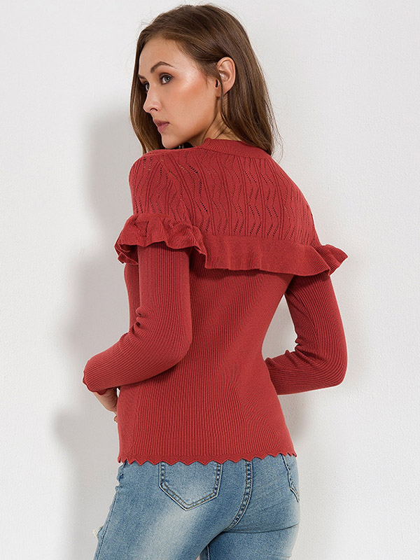 Red Ruffle Trims Splicing Knit Top