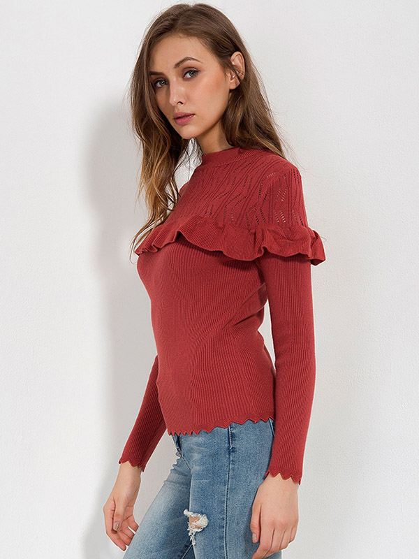 Red Ruffle Trims Splicing Knit Top