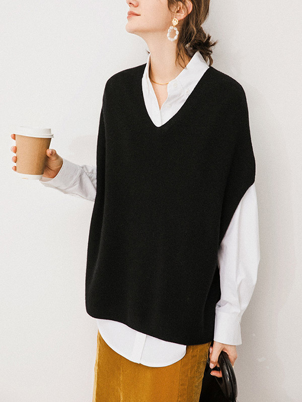 Black V-neck Half Sleeves Oversize Vest