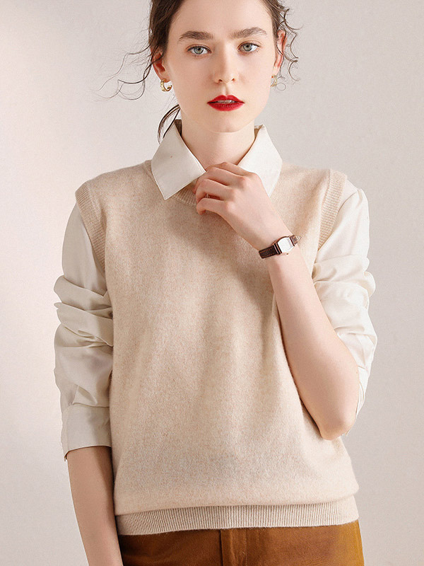 Beige Round Neck Cap Sleeves Knit Vest