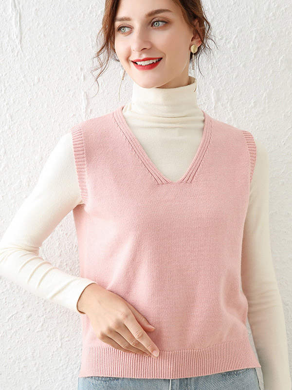 Pink V-neck Side Split Knit Vest