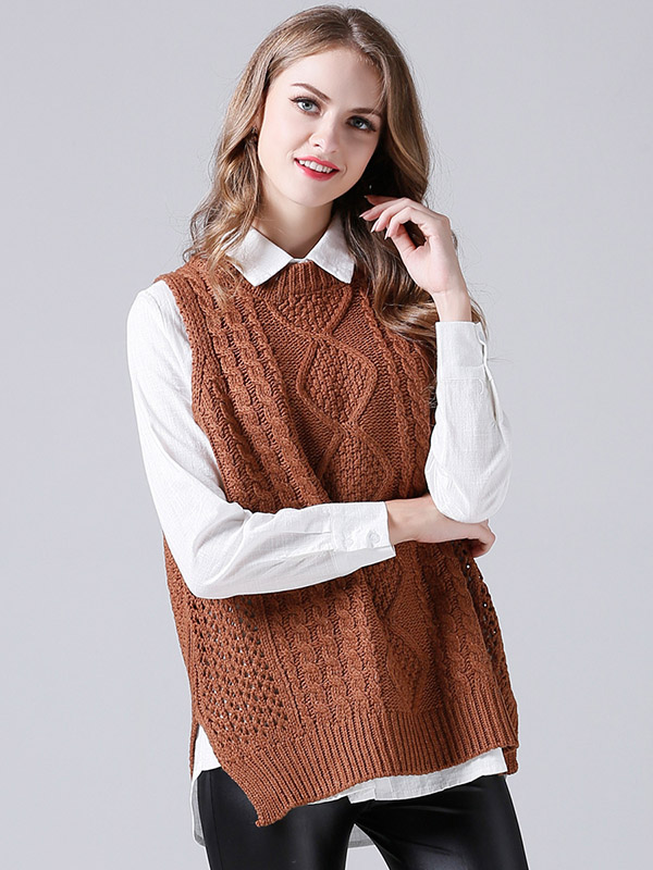 Khaki Oversize Crochet Side Split Vest